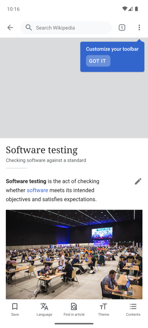 Artículo 'Software testing' cargado en Wikipedia — paso 04 tapOn primer resultado